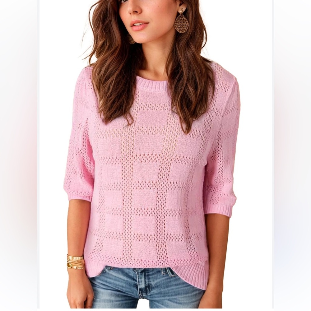 3/4 Sleeve Lightweight Crochet Crewneck Sweater Loose Casual Knit Tunic …